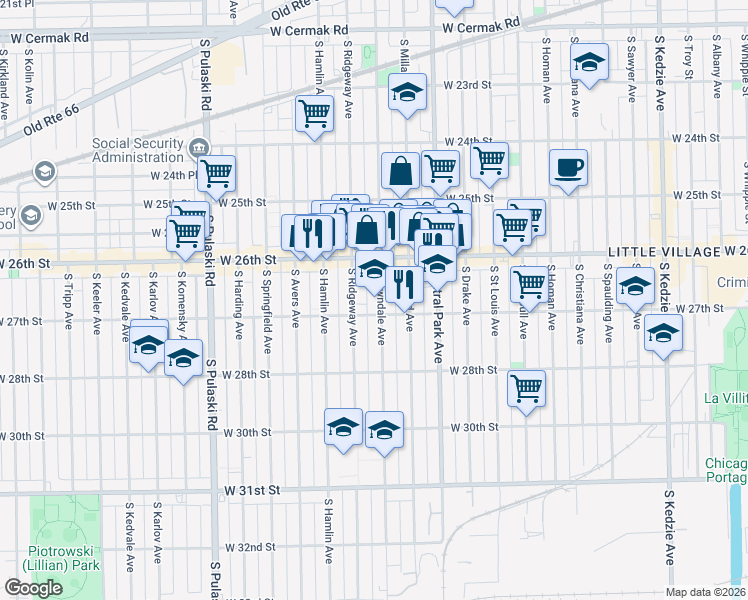 map of restaurants, bars, coffee shops, grocery stores, and more near 2620 South Lawndale Avenue in Chicago