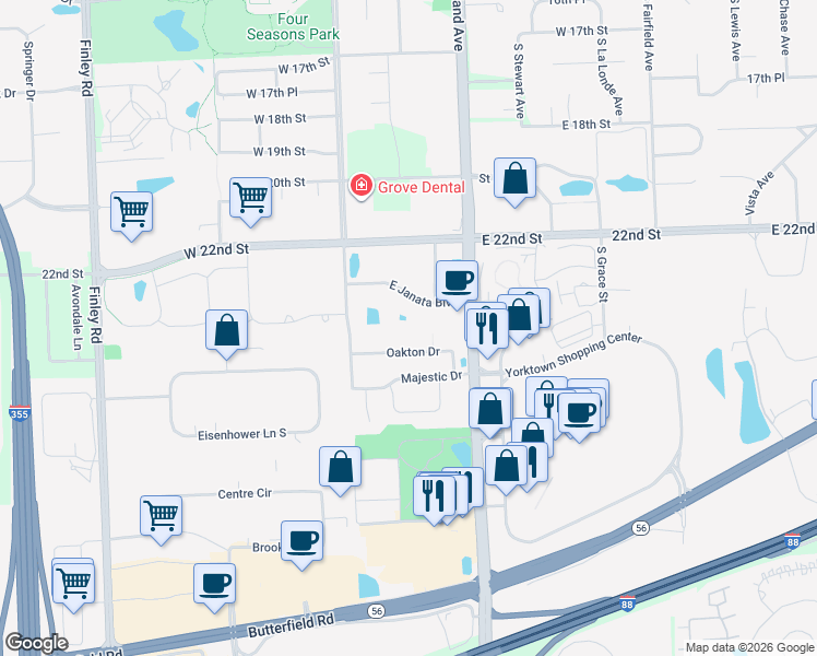 map of restaurants, bars, coffee shops, grocery stores, and more near 94 Oakton Drive in Lombard