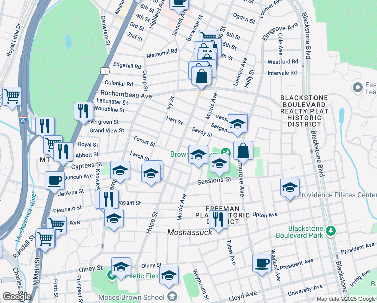 map of restaurants, bars, coffee shops, grocery stores, and more near 312 Morris Avenue in Providence