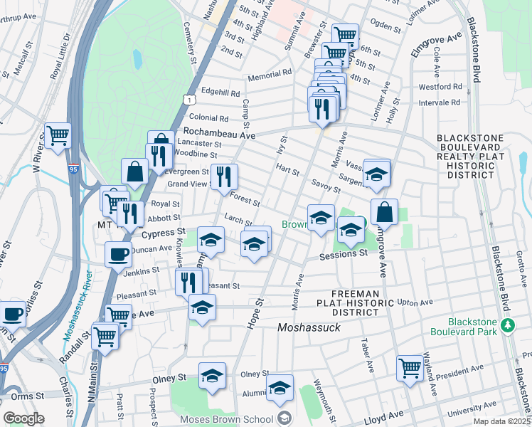 map of restaurants, bars, coffee shops, grocery stores, and more near 64 Larch Street in Providence