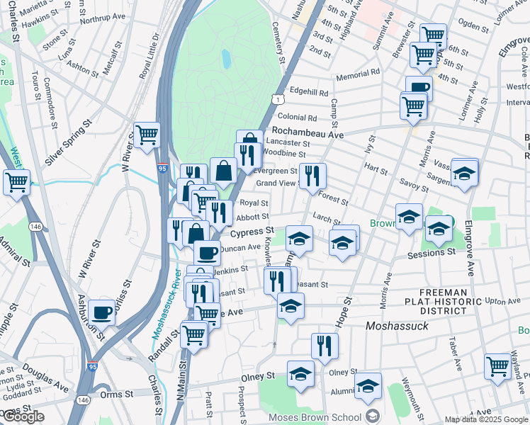 map of restaurants, bars, coffee shops, grocery stores, and more near 82 Cypress Street in Providence