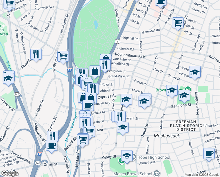 map of restaurants, bars, coffee shops, grocery stores, and more near 55 Abbott Street in Providence