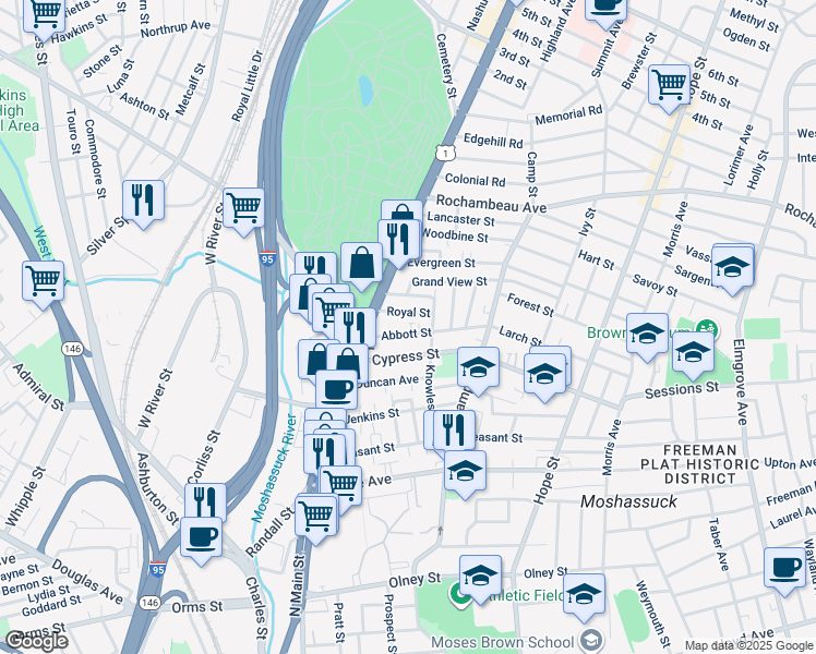 map of restaurants, bars, coffee shops, grocery stores, and more near 55 Abbott Street in Providence