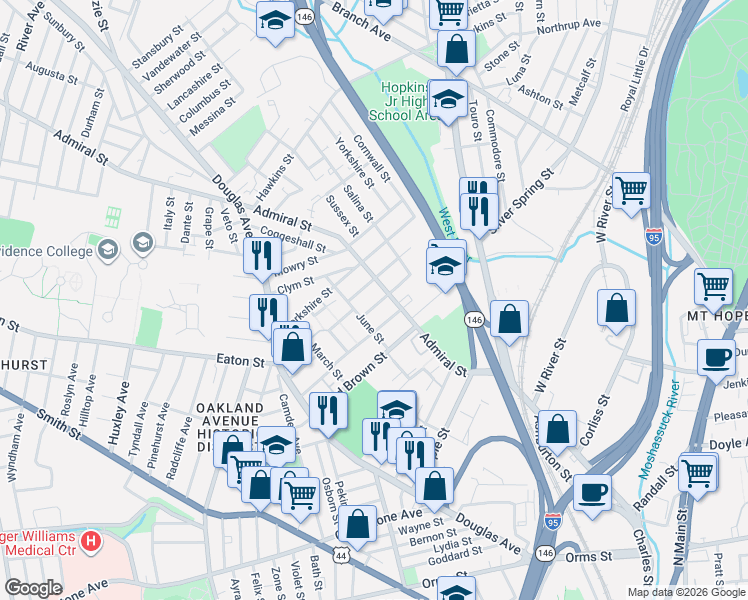 map of restaurants, bars, coffee shops, grocery stores, and more near 134 Pumgansett Street in Providence