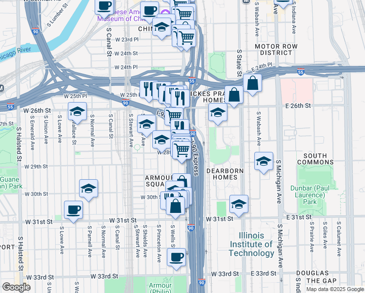 map of restaurants, bars, coffee shops, grocery stores, and more near 2823 South Wentworth Avenue in Chicago