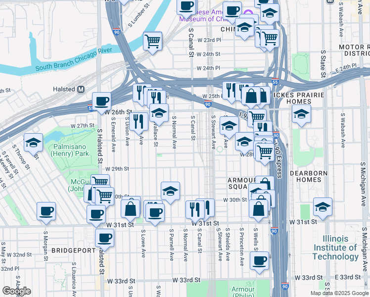 map of restaurants, bars, coffee shops, grocery stores, and more near 461 West 28th Place in Chicago