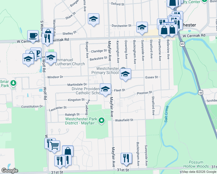 map of restaurants, bars, coffee shops, grocery stores, and more near 10751 Fleet Street in Westchester