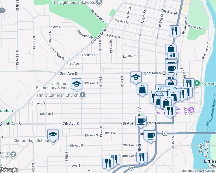 map of restaurants, bars, coffee shops, grocery stores, and more near 550 4th Avenue South in Clinton