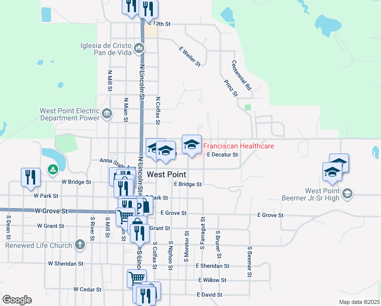 map of restaurants, bars, coffee shops, grocery stores, and more near in West Point