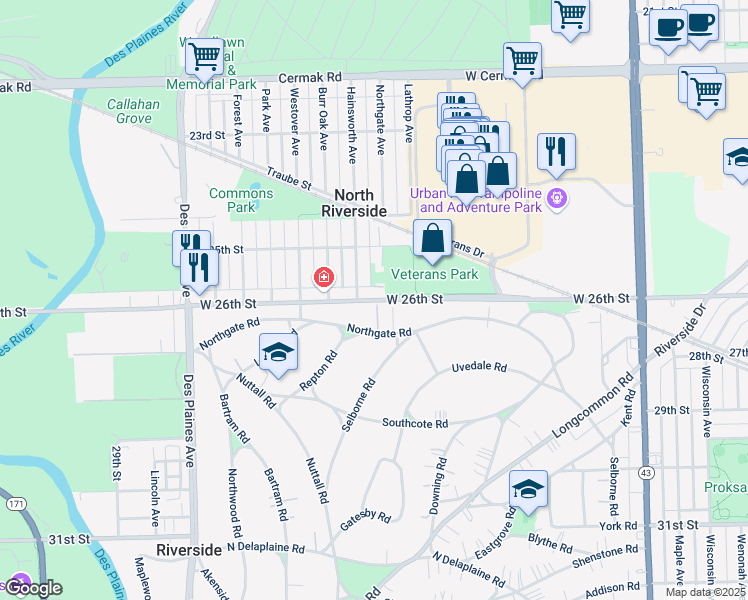 map of restaurants, bars, coffee shops, grocery stores, and more near 464 Northgate Court in Riverside