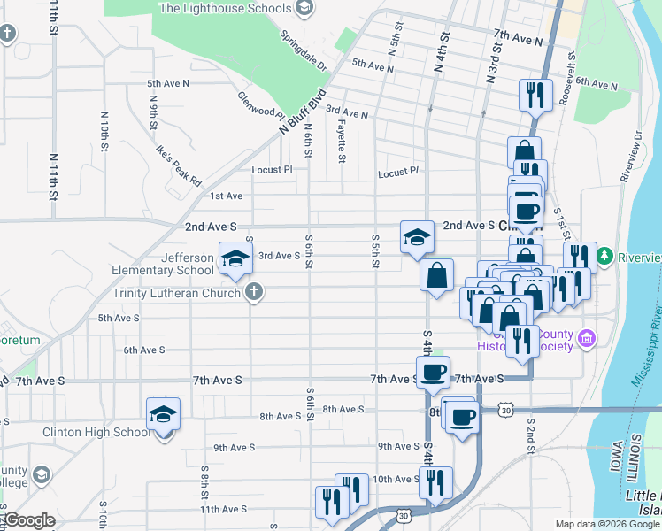 map of restaurants, bars, coffee shops, grocery stores, and more near 550 4th Avenue South in Clinton