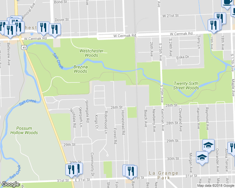 map of restaurants, bars, coffee shops, grocery stores, and more near 1634 Barnsdale Road in La Grange Park