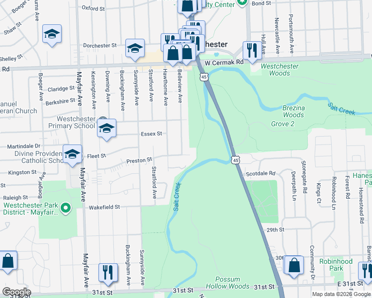 map of restaurants, bars, coffee shops, grocery stores, and more near 10405 Preston Street in Westchester