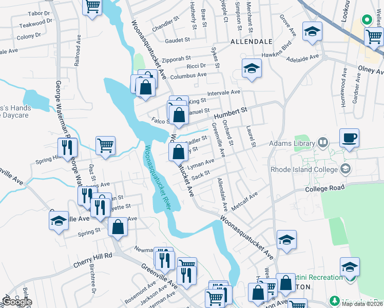 map of restaurants, bars, coffee shops, grocery stores, and more near 18 Lyman Avenue in North Providence