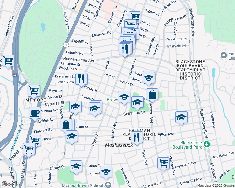 map of restaurants, bars, coffee shops, grocery stores, and more near 15 Whiting Street in Providence