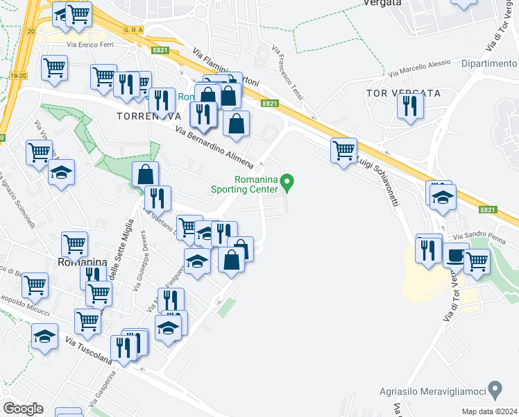 map of restaurants, bars, coffee shops, grocery stores, and more near Largo Riccardo Monaco in Città Metropolitana di Roma