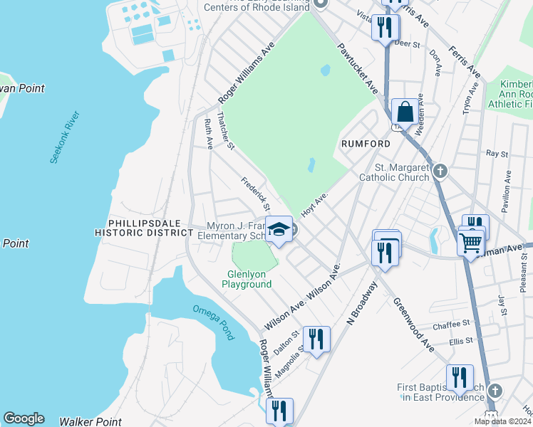 map of restaurants, bars, coffee shops, grocery stores, and more near 130 Bourne Avenue in East Providence