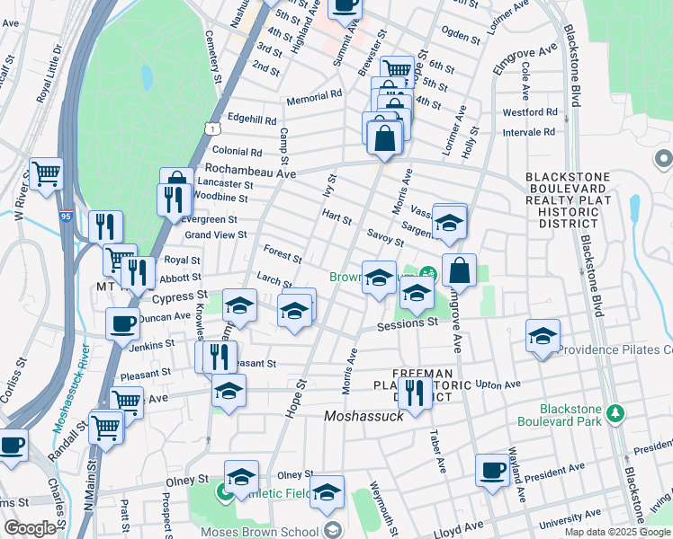 map of restaurants, bars, coffee shops, grocery stores, and more near 578 Hope Street in Providence