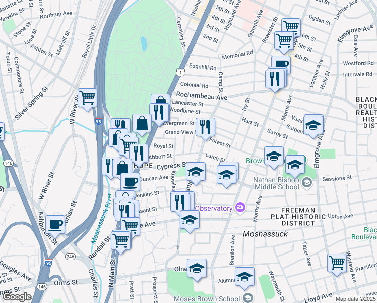 map of restaurants, bars, coffee shops, grocery stores, and more near 120 Abbott Street in Providence