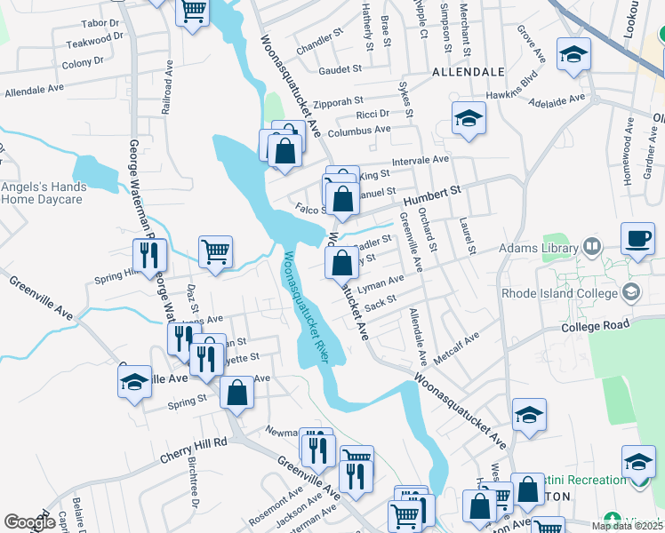 map of restaurants, bars, coffee shops, grocery stores, and more near in North Providence