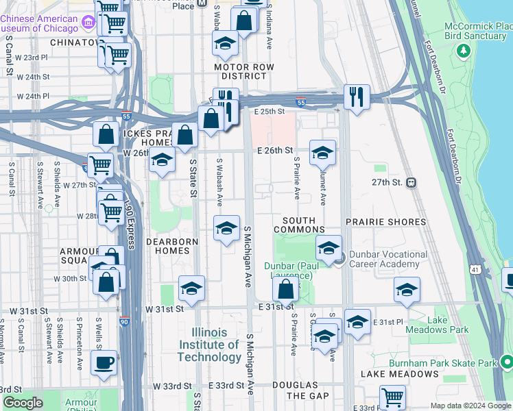 map of restaurants, bars, coffee shops, grocery stores, and more near 3000 Michigan Avenue in Chicago