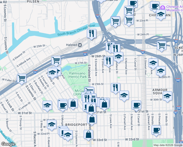 map of restaurants, bars, coffee shops, grocery stores, and more near 2829 South Halsted Street in Chicago