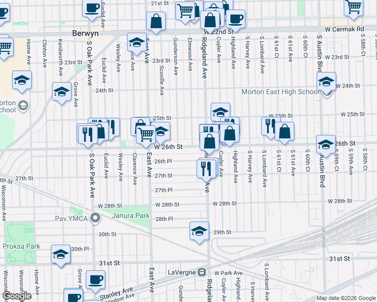 map of restaurants, bars, coffee shops, grocery stores, and more near 6419 26th Place in Berwyn