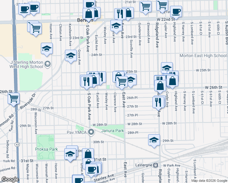 map of restaurants, bars, coffee shops, grocery stores, and more near 2623 Clarence Avenue in Berwyn