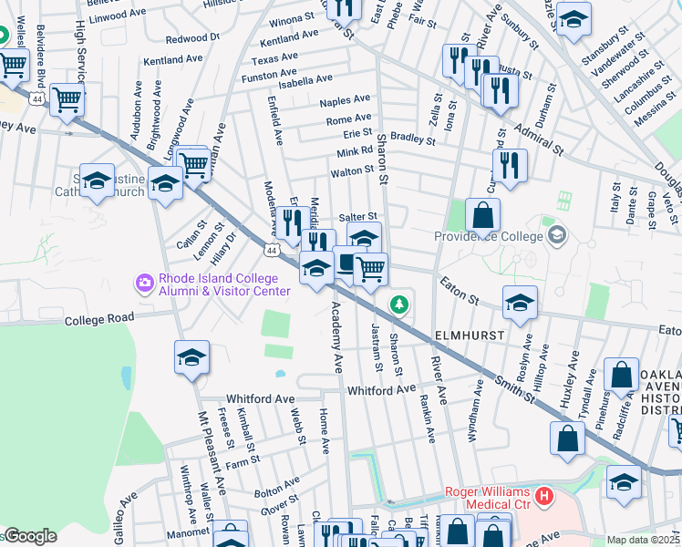 map of restaurants, bars, coffee shops, grocery stores, and more near 665 Academy Avenue in Providence