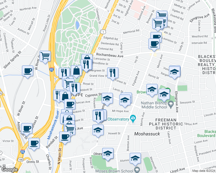 map of restaurants, bars, coffee shops, grocery stores, and more near 144 Abbott Street in Providence