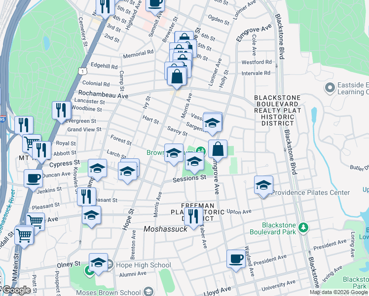map of restaurants, bars, coffee shops, grocery stores, and more near 46 Taft Avenue in Providence
