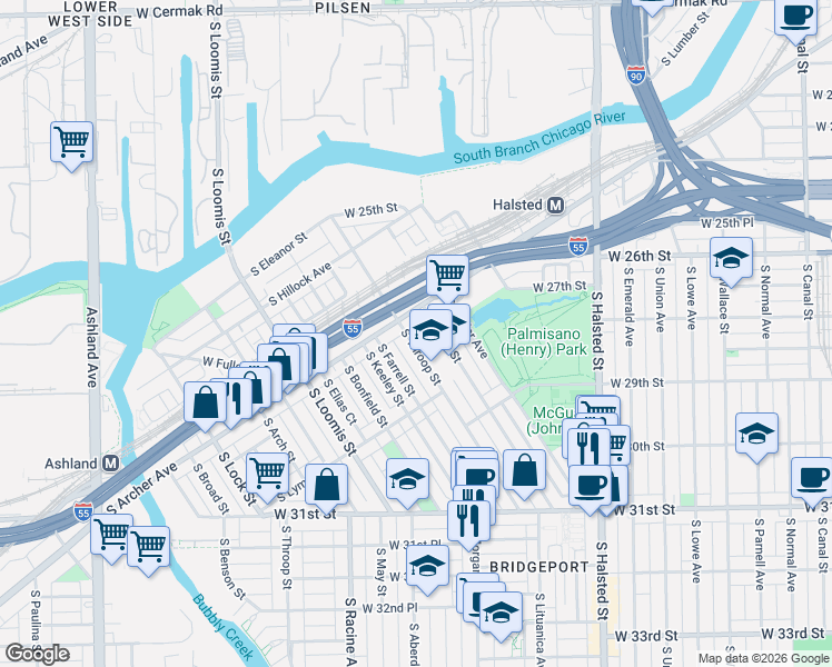 map of restaurants, bars, coffee shops, grocery stores, and more near 2829 South Farrell Street in Chicago