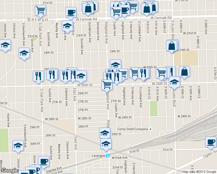map of restaurants, bars, coffee shops, grocery stores, and more near 2605 Ridgeland Ave in Berwyn