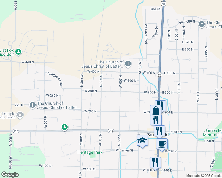 map of restaurants, bars, coffee shops, grocery stores, and more near 335 North 250 West in Smithfield