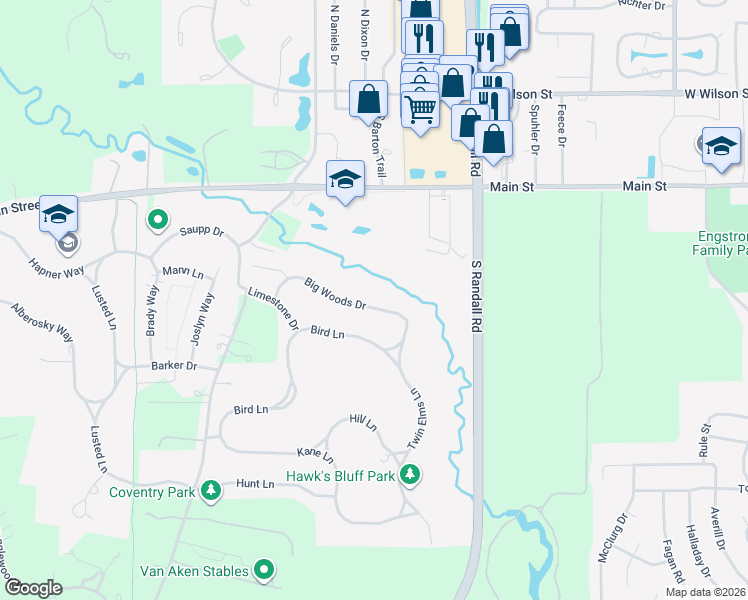 map of restaurants, bars, coffee shops, grocery stores, and more near 2303 Big Woods Drive in Batavia