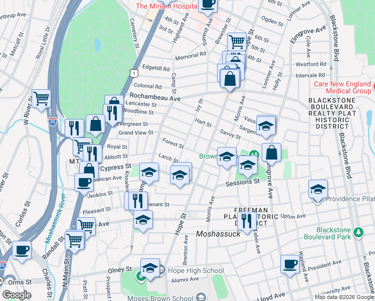 map of restaurants, bars, coffee shops, grocery stores, and more near 64 Larch Street in Providence