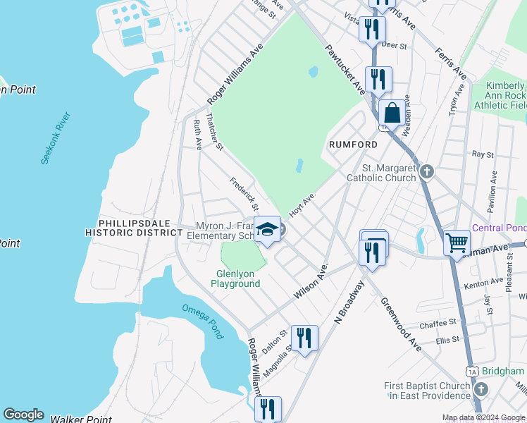map of restaurants, bars, coffee shops, grocery stores, and more near 130 Bourne Avenue in East Providence