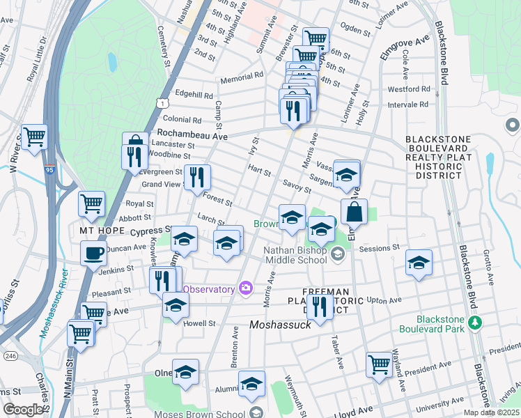 map of restaurants, bars, coffee shops, grocery stores, and more near 578 Hope Street in Providence