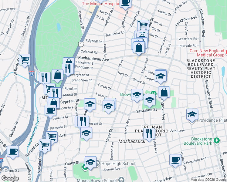 map of restaurants, bars, coffee shops, grocery stores, and more near 64 Larch Street in Providence