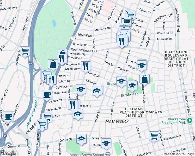 map of restaurants, bars, coffee shops, grocery stores, and more near 64 Larch Street in Providence