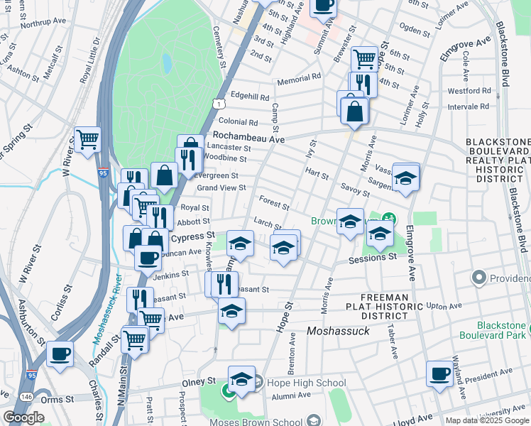 map of restaurants, bars, coffee shops, grocery stores, and more near 30 Larch Street in Providence