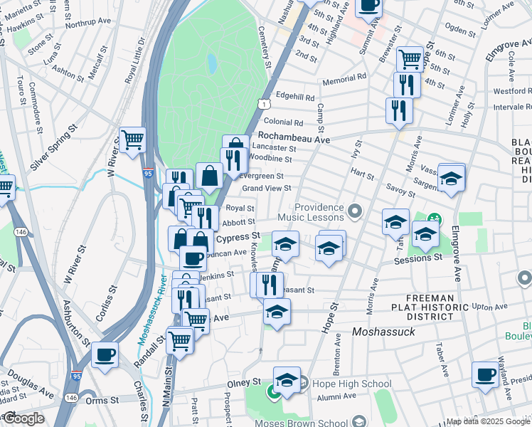 map of restaurants, bars, coffee shops, grocery stores, and more near 82 Cypress Street in Providence