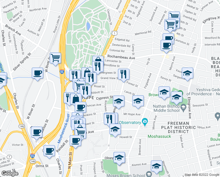 map of restaurants, bars, coffee shops, grocery stores, and more near 82 Cypress Street in Providence