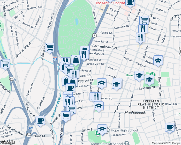 map of restaurants, bars, coffee shops, grocery stores, and more near 82 Cypress Street in Providence