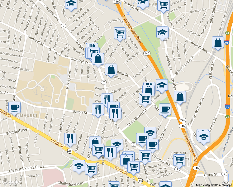 map of restaurants, bars, coffee shops, grocery stores, and more near 455 Douglas Avenue in Providence