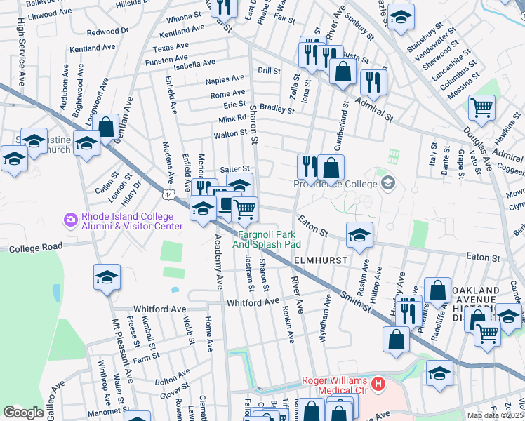 map of restaurants, bars, coffee shops, grocery stores, and more near 12 April Court in Providence