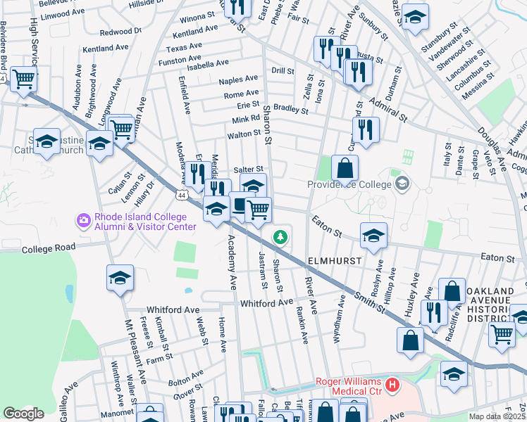 map of restaurants, bars, coffee shops, grocery stores, and more near 983 Smith Street in Providence