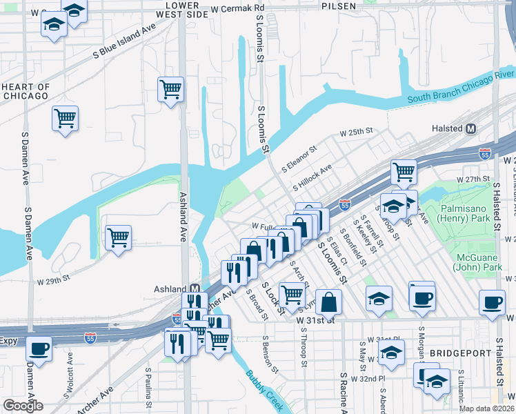 map of restaurants, bars, coffee shops, grocery stores, and more near 1408 West Fuller Street in Chicago