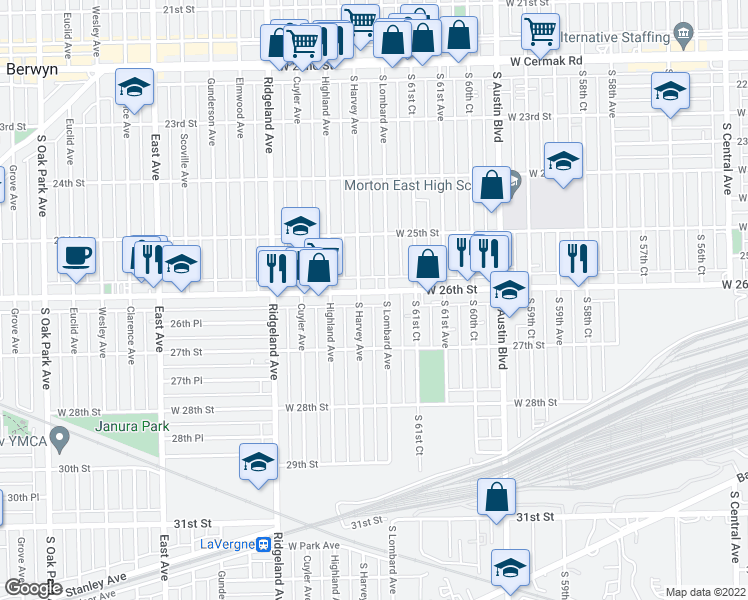 map of restaurants, bars, coffee shops, grocery stores, and more near 2626 Lombard Avenue in Berwyn