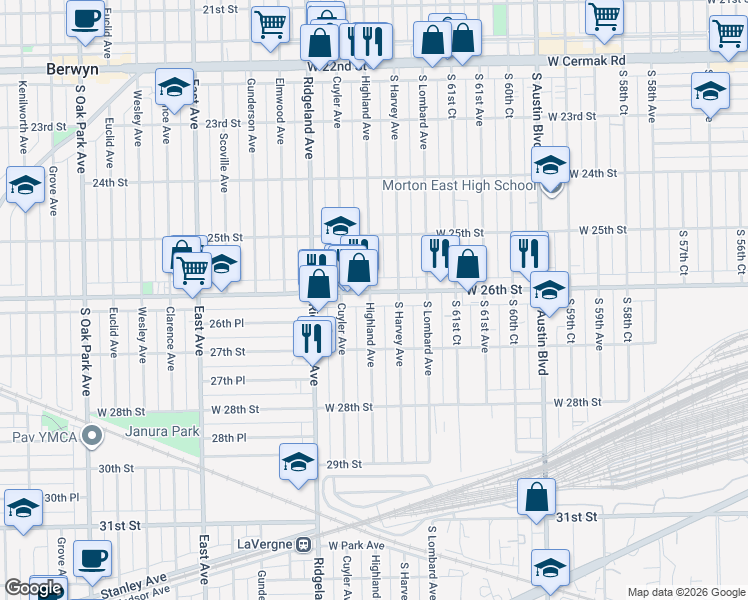 map of restaurants, bars, coffee shops, grocery stores, and more near 2624 South Harvey Avenue in Berwyn